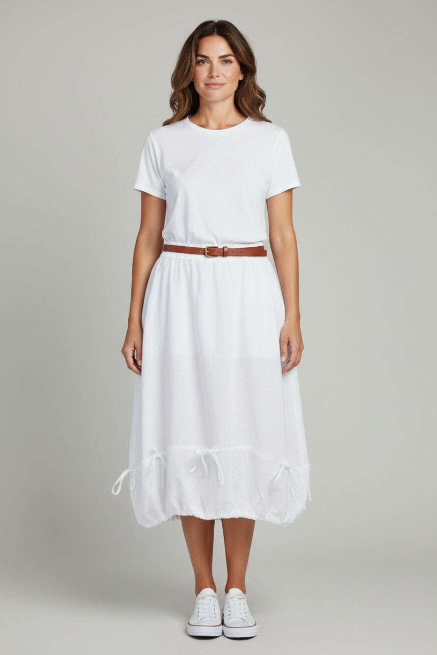 L Skirt Bryn Walker white 100% linen lantern ruched bubble Lagenlook Women bow